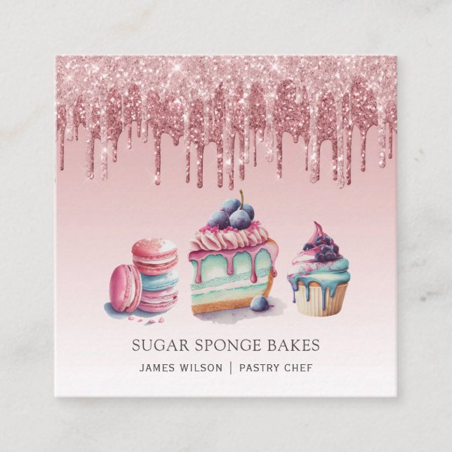 Desserts Pastry Chef Baker Rose Gold Glitter  Square Business Card (Front)