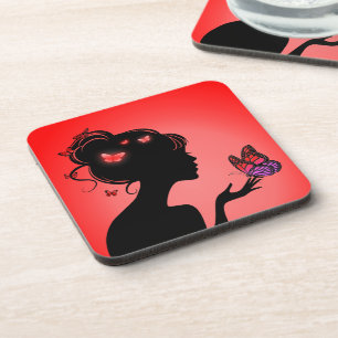 Dessous-de-verre La femme papillons rouges Beverage Coaster