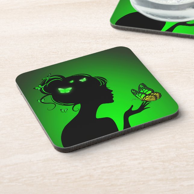 Dessous-de-verre La femme papillons verts Beverage Coaster (Left Side)