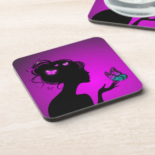 Dessous-de-verre La femme papillons violets Beverage Coaster
