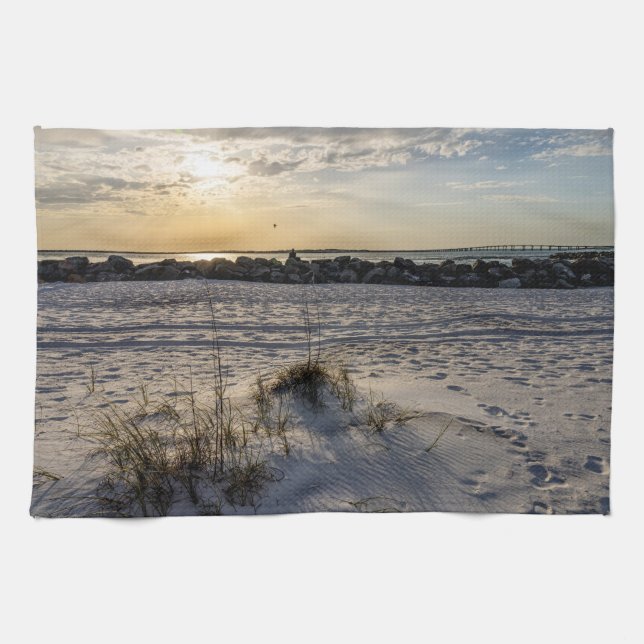 Destin Beach Florida Jetty Sunset Kitchen Towel (Horizontal)