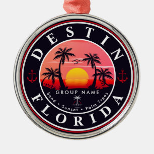 Destin Florida Beach Retro Sunset Palm Tree 80s Metal Ornament