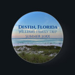 Destin Florida Beach Sunset Custom Family Trip Button<br><div class="desc">This picturesque beach buttons from Destin Florida features a gorgeous pink and orange sunset gently touching the ocean waves above the sand and sea grass photograph. Lovely seaside keepsake souvenir with personalized trip date and family last name for your favorite vacation spot.</div>