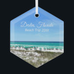 Destin Florida Beach Trip Ocean Keepsake Christmas Glass Ornament<br><div class="desc">This beautiful Destin Florida beach vacation keepsake Christmas ornament features the pretty blue green ocean waters of Sandestin along the coast. Pretty teal and blue umbrellas line the summer seashore in front of the sea grass. Lovely white cursive script for my favorite seaside city along the emerald coast. Customize with...</div>