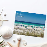 Destin Florida Beautiful Beach Photograph Postcard<br><div class="desc">This beautiful Destin Florida beach postcard features the pretty blue green ocean waters of Sandestin along the coastline. The colorful umbrellas remind beachgoers how wonderful it is to lay in the sun on a serene day in the summer. Lovely white cursive script for my favorite seaside city along the emerald...</div>