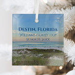 Destin Florida Custom Beach Vacation Christmas Glass Ornament<br><div class="desc">This picturesque beach Christmas ornament from Destin Florida features the gorgeous pink and orange sunset gently touching the ocean waves above the sand and sea grass. Lovely seaside keepsake souvenir with personalized trip date and family last name for your favorite vacation spot.</div>