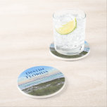 Destin Florida Custom Beach Vacation Souvenir Coaster<br><div class="desc">This picturesque beach sandstone coaster from Destin Florida features the gorgeous pink and orange sunset gently touching the ocean waves above the sand and sea grass. Lovely seaside keepsake souvenir with personalized trip date and family last name for your favorite vacation spot.</div>