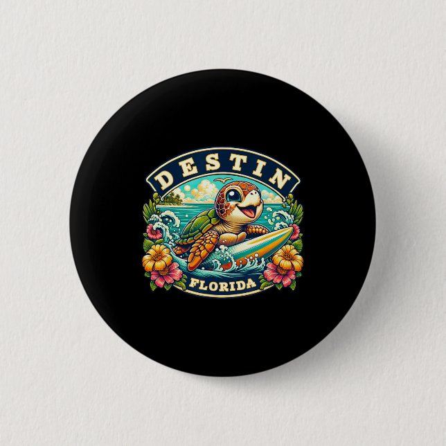 Destin Florida Cute Sea Turtle Surfing  Button (Front)
