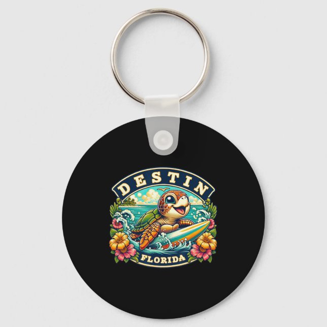 Destin Florida Cute Sea Turtle Surfing  Keychain (Front)
