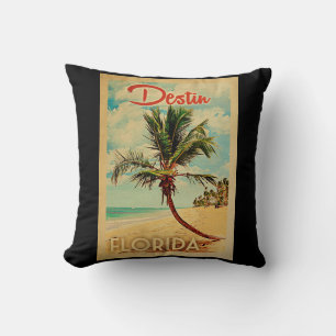 Destin Florida Palm Tree Beach Vintage Travel Throw Pillow