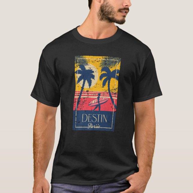 Destin Florida Retro Surfer Beach Sunset Distresse T-Shirt (Front)