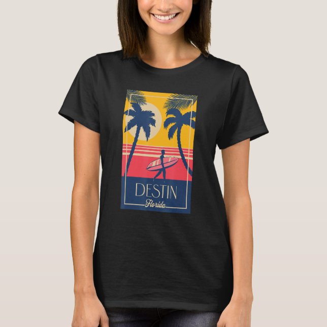 Destin Florida Retro Surfer Beach Sunset Palm Tree T-Shirt (Front)