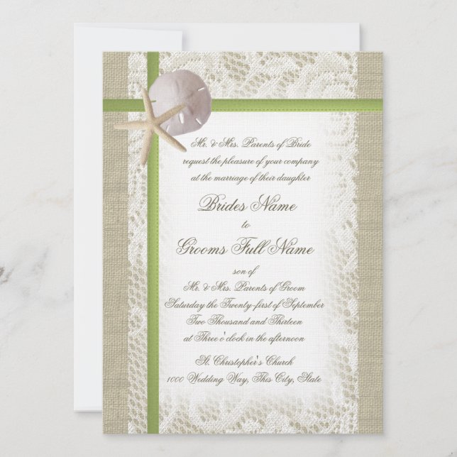Destination Beach Burlap and Lace Wedding Invitation (Front)