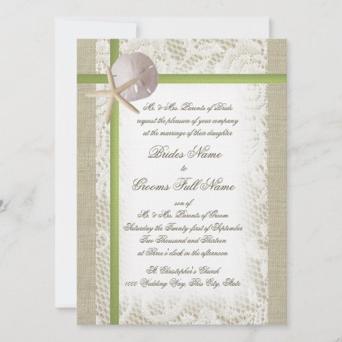 Destination Beach Burlap and Lace Wedding Custom Invite