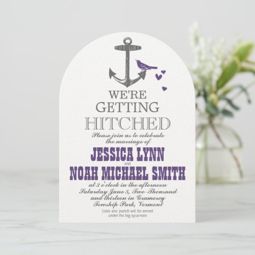 Vintage Modern Cute Purple Bird Gray Anchor Personalized Invitation