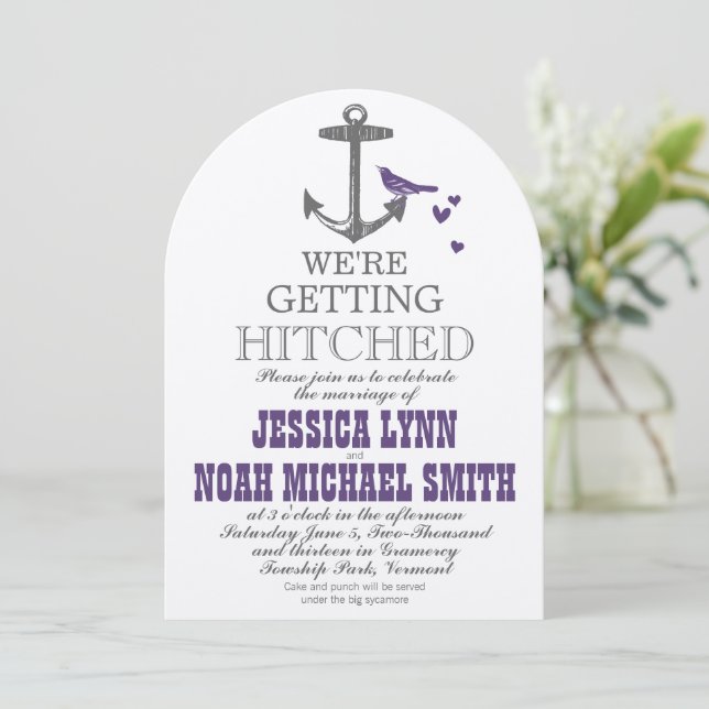 Destination Beach Cute Purple Bird Gray Anchor Invitation (Standing Front)