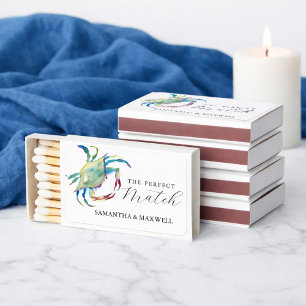 Destination Beach Wedding Watercolor Blue Crab Matchboxes