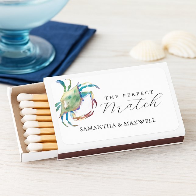 Destination Beach Wedding Watercolor Blue Crab Matchboxes (Beach wedding ideas features wedding favors matches watercolor blue crab)