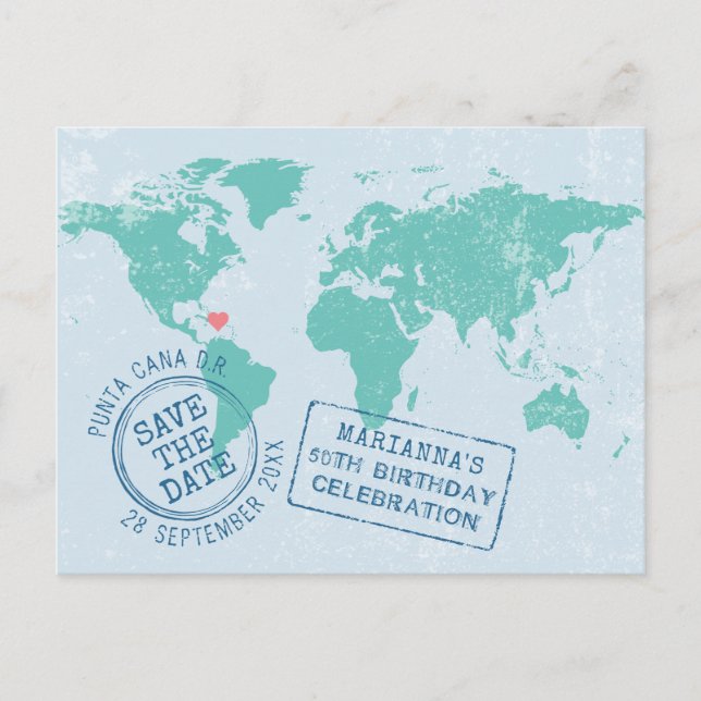 Destination Birthday Map Save the Date Announcement Postcard (Front)