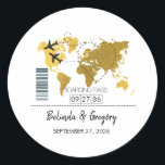 Destination Boarding Pass Wedding Classic Round Sticker<br><div class="desc">This design features a boarding pass theme. It showcases a gold map of the world along with two airplanes making a heart shape as they travel around the world. This destination themed wedding design is set out like a boarding pass with the date of the wedding personalized in the squares....</div>