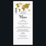 Destination Boarding Pass Wedding Menu<br><div class="desc">This design features a boarding pass theme. It showcases a gold map of the world along with two airplanes making a heart shape as they travel around the world. This destination themed wedding design is set out like a boarding pass with the date of the wedding personalized in the squares....</div>