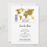 Destination Boarding Pass Wedding  Save The Date<br><div class="desc">This design features a boarding pass theme. It showcases a gold map of the world along with two airplanes making a heart shape as they travel around the world. This destination themed wedding design is set out like a boarding pass with the date of the wedding personalized in the squares....</div>