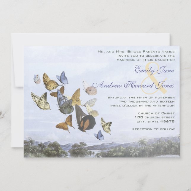 Destination Butterfly and Palm Tree Wedding Invite (Front)