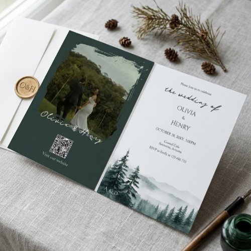 Destination Deep Forest Mountain Wedding Photo QR Invitation