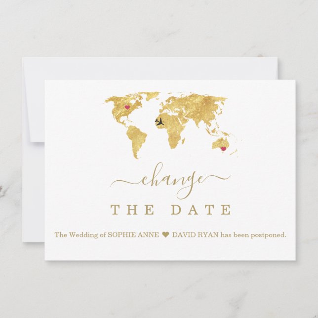 Destination Gold World Map Wedding Change The Date Save The Date (Front)