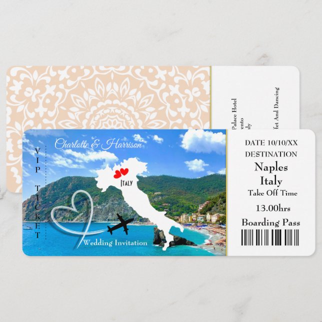 Destination Italy Europe Wedding Ticket Invitation (Front/Back)