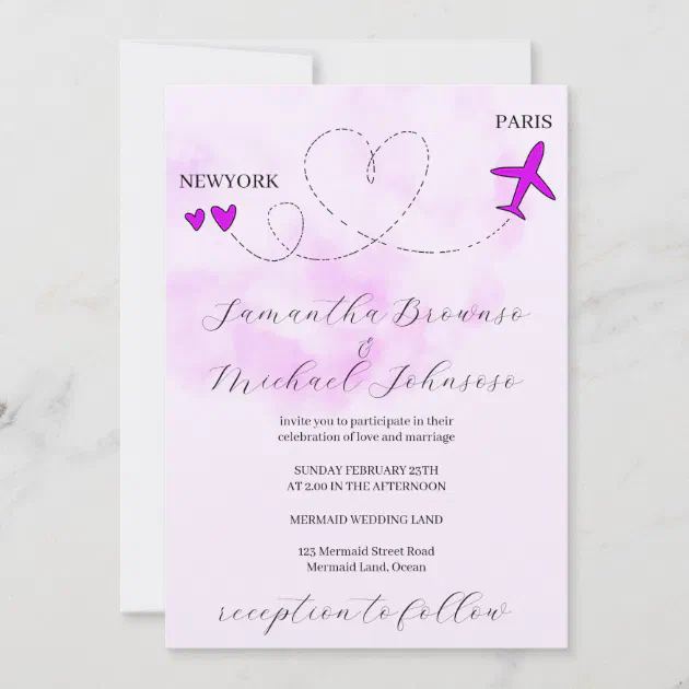 Destination plane flight abroad purple wedding invitation