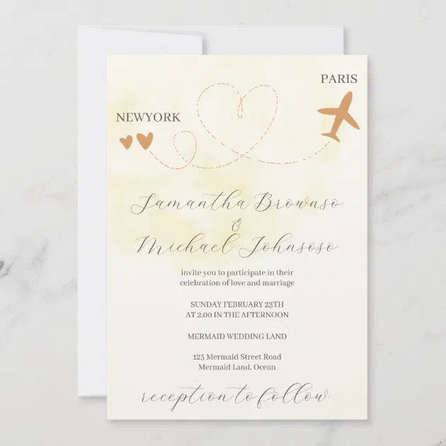 Destination plane flight abroad yellow wedding invitation