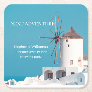 Destination Retirement Party Greek White Blue Square Paper Coaster