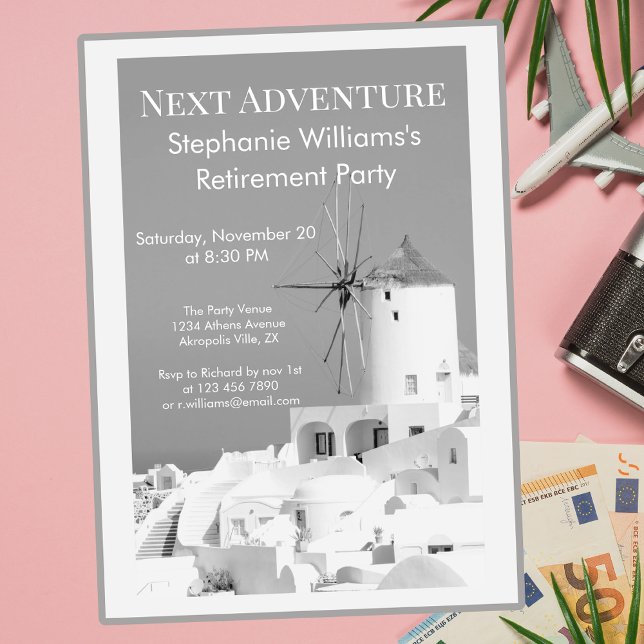 Destination Retirement Party Greek White Grey Invitation (Creator Uploaded)