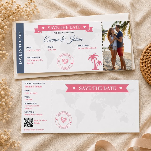 Destination Save the Date Wedding Palm Tree Pink  Raffle Tickets (destination wedding save the date elegant tropical ocean palm trees couple hawaii beach minimalist)