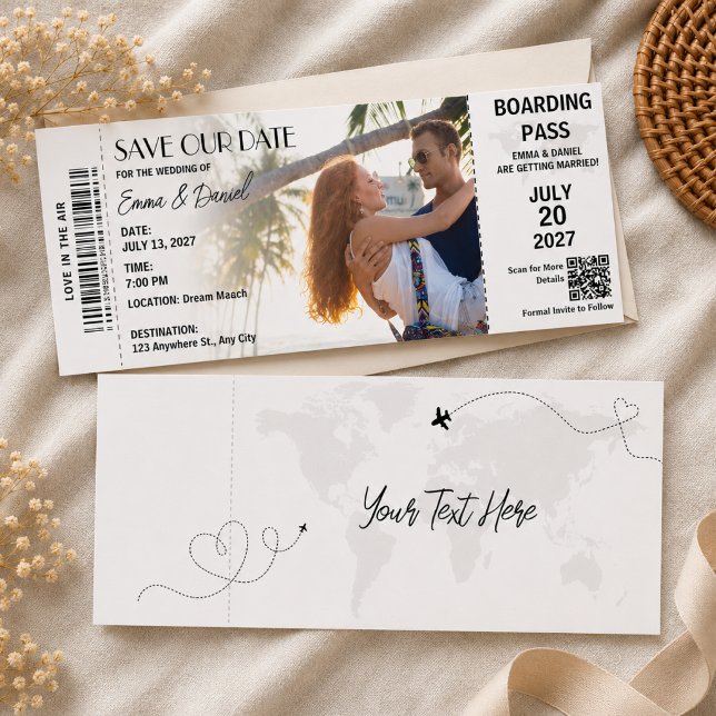 Destination Save the Date Wedding Plane Raffle Tickets (boarding pass wedding destination travel airplane adventure simple qr code map passport tropical)