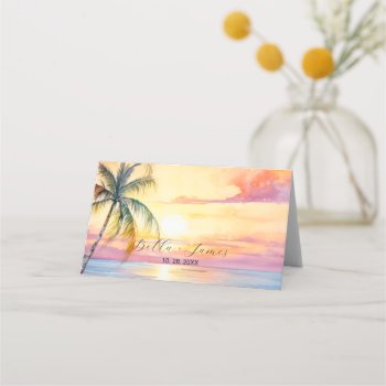 Destination Sunset Beach Wedding  Place Card by FancyMeWedding at Zazzle
