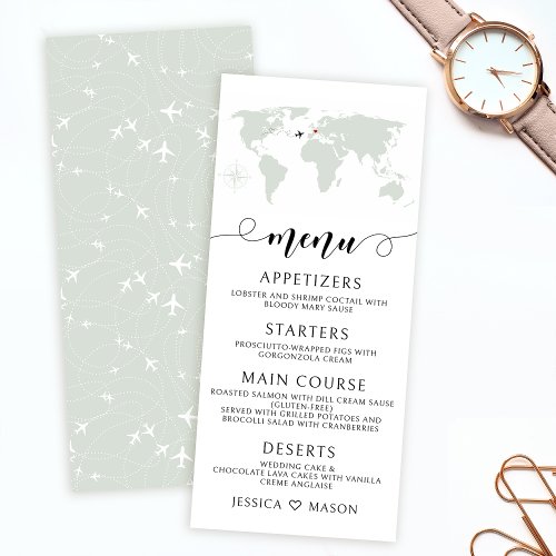 Destination travel theme wedding world map menus