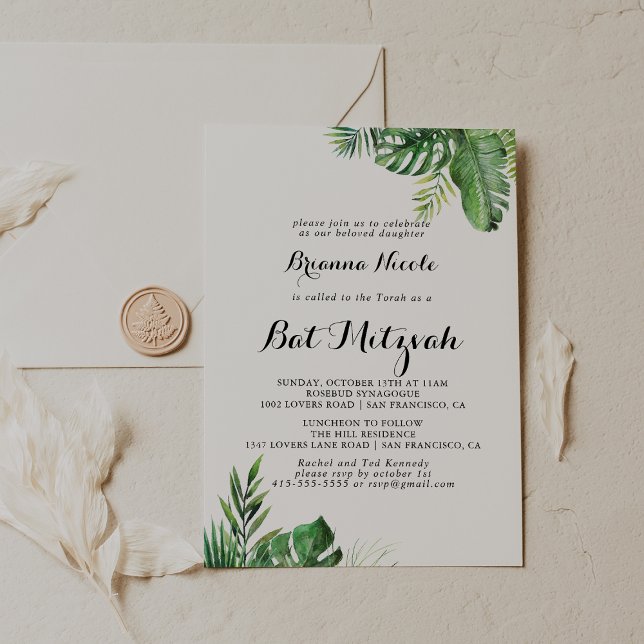 Destination Tropical Greenery Bat Mitzvah Invitation (Creator Uploaded)