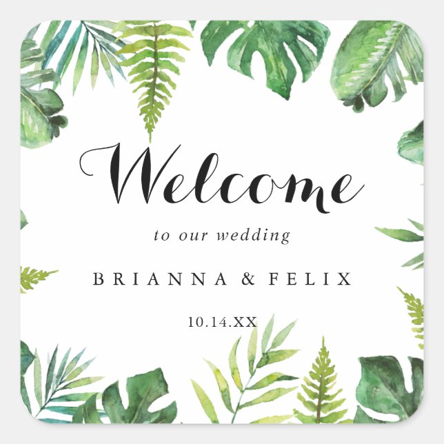 Destination Tropical Greenery Wedding Welcome Square Sticker (Front)