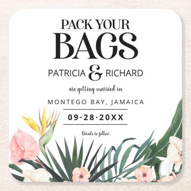Destination Tropical Wedding Save The Date Square Paper Coaster (Front)