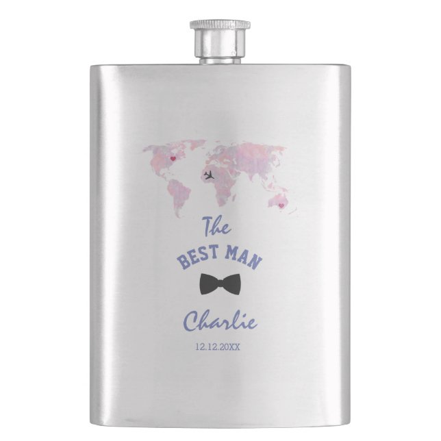 Destination Watercolor World Map The BEST MAN Flask (Front)