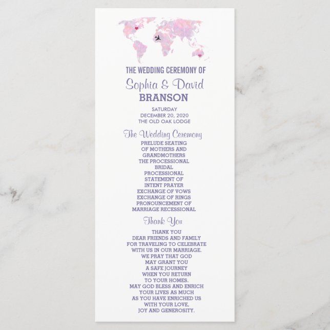 Destination Watercolor World Map Wedding Program (Front)