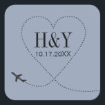 Destination Wedding Airplane Monogram Square Sticker<br><div class="desc">Dusty Muted Blue travel theme airplane heart logo sticker with monogram initial sticker for envelope seals, favor labels, or other day-of stationery for a travel theme celebration or destination wedding. Change the background color of the sticker by clicking 'customize further' to match the sticker color to match your color scheme....</div>