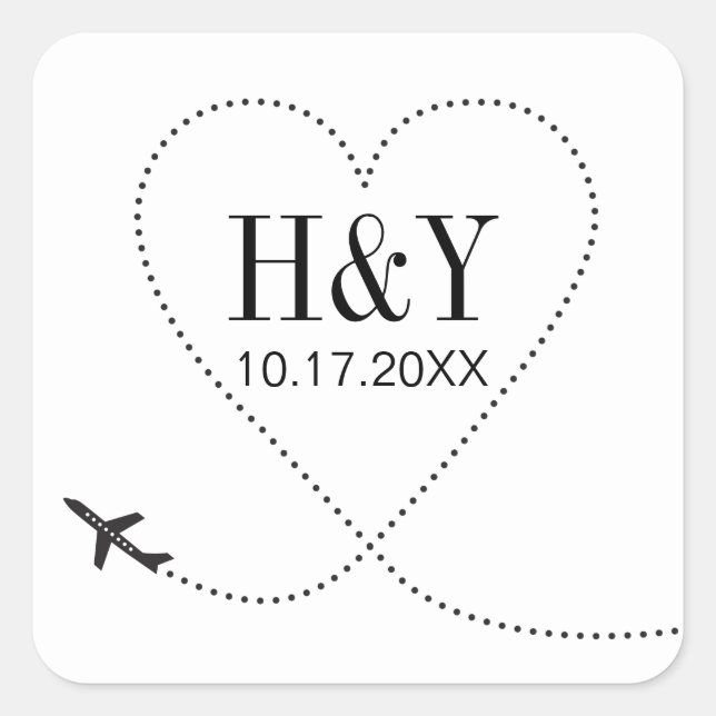 Destination Wedding Airplane Travel Monogram Square Sticker (Front)