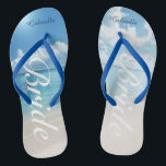 Destination Wedding Beach Scene Bride Flip Flops<br><div class="desc">Great for a destination wedding or the honeymoon.  There's a calm beach scene with the ocean and blue skies. Down the center is the word "bride" in a white script. Personalize with your name. Check out the many other bride designs we have in our store.</div>