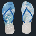 Destination Wedding Beach Scene Bride Flip Flops<br><div class="desc">Great for a destination wedding or the honeymoon.  There's a calm beach scene with the ocean and blue skies. Down the center is the word "bride" in a white script. Personalize with your name. Check out the many other bride designs we have in our store.</div>