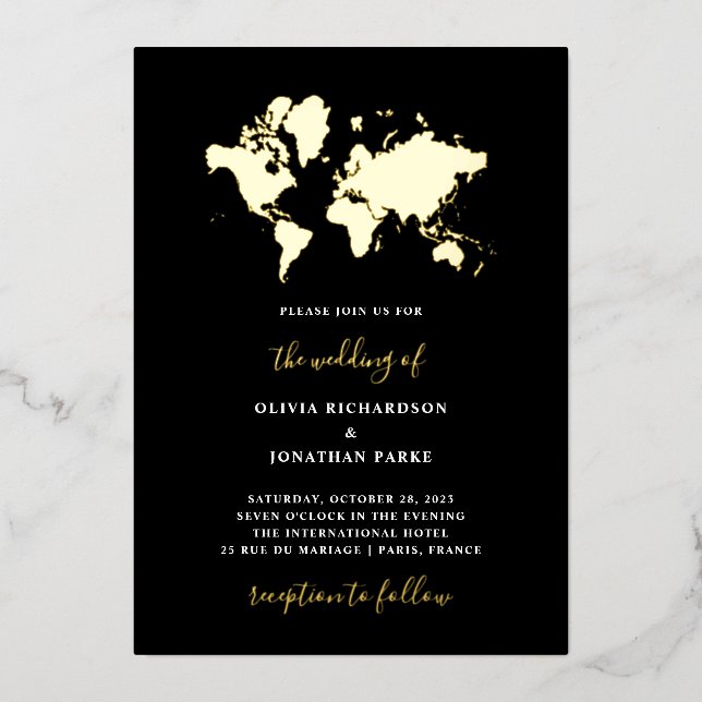 Destination Wedding | Black Elegant World Map Gold Foil Invitation (Front)