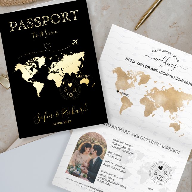 Destination Wedding Black Gold World Map Passport Foil Greeting Card (Creator Uploaded)