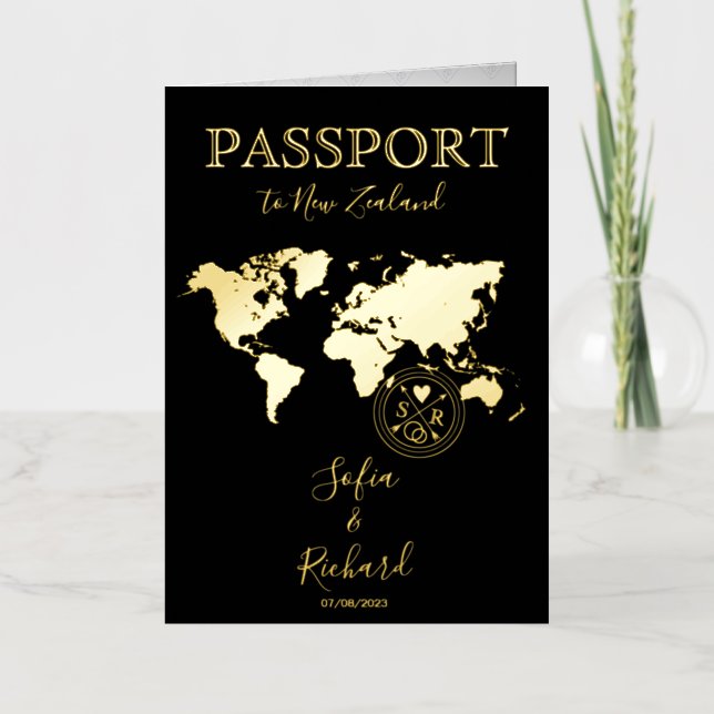 Destination Wedding Black Gold World Map Passport Foil Greeting Card (Front)